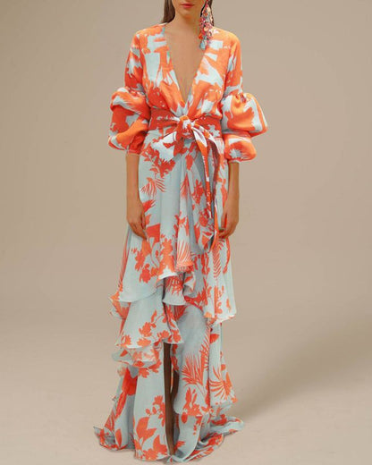 Da Donna Abito Maxi Motivo Stampato Balze Eleganza Moderna